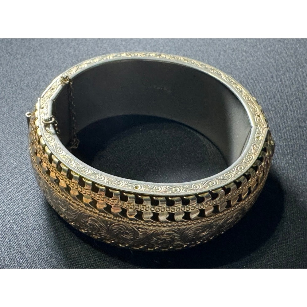 Vintage Etched Two Tone Hinged Bangle Bracelet with Safety Chain 7in